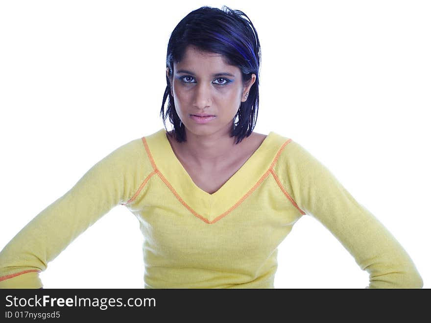 Picture of one girl in yellow on white background. Picture of one girl in yellow on white background