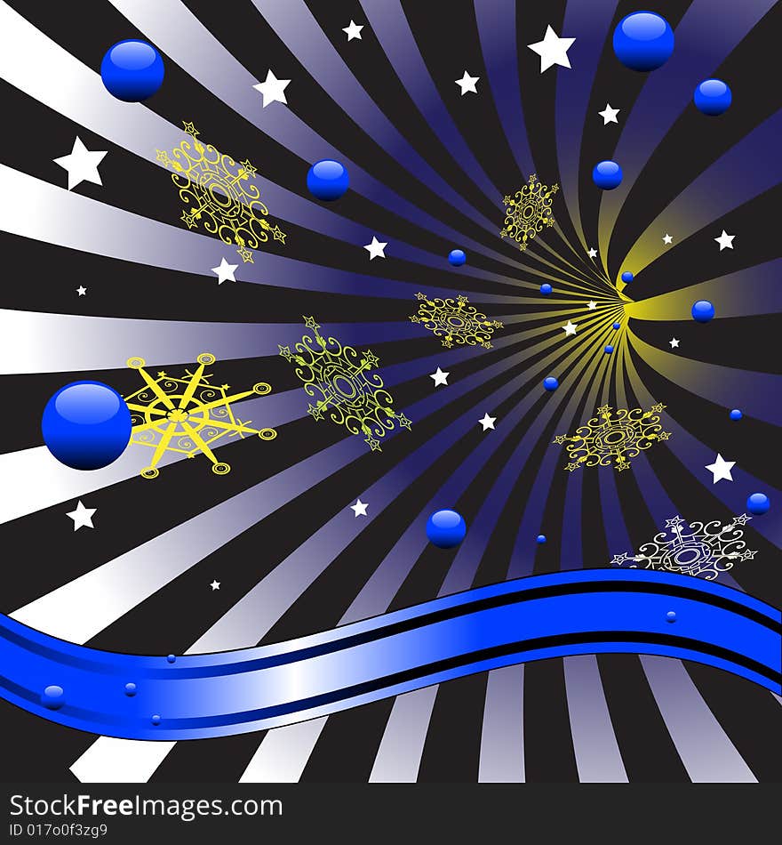 Colorful winter greeting with abstract snowflakes, blue bubbles and white stars coming out from a tunnel. Colorful winter greeting with abstract snowflakes, blue bubbles and white stars coming out from a tunnel