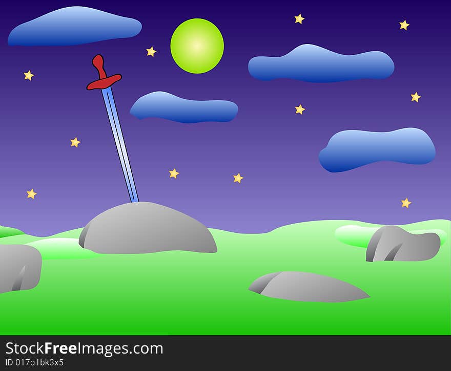 Sword in the stone. Vector illustration. Night. Sword in the stone. Vector illustration. Night.