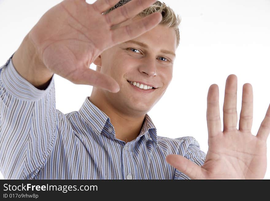 Happy man showing his palms against white background