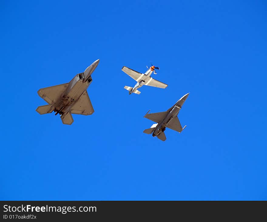 Heritage formation flight of old and modern military planes. Heritage formation flight of old and modern military planes