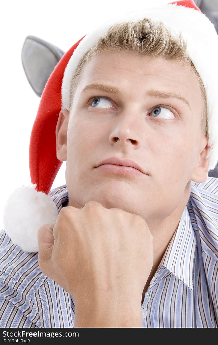 Close up of man looking upward on an isolated background