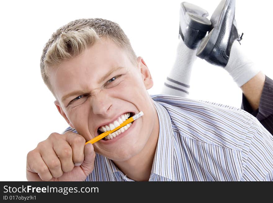 Man holding pencil with teeth with white background