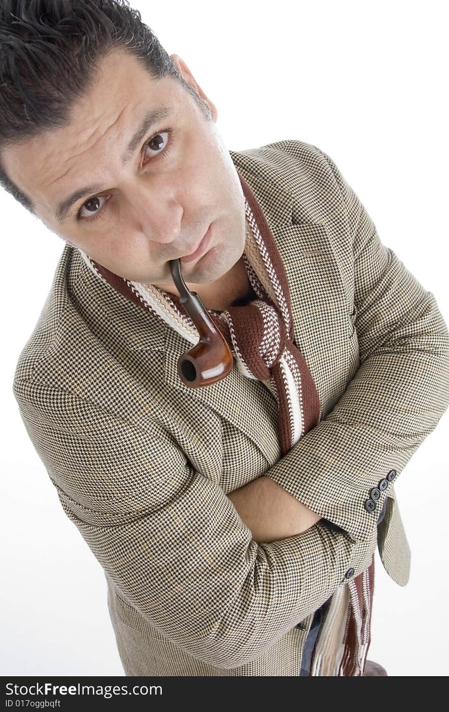 Man looking you with cigar against white background