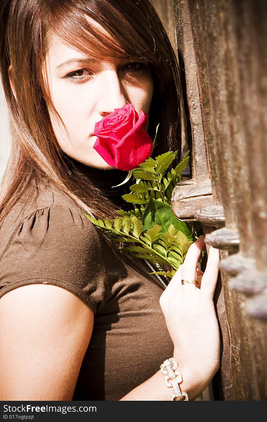 Young woman smelling a red rose over metal fence. Young woman smelling a red rose over metal fence.