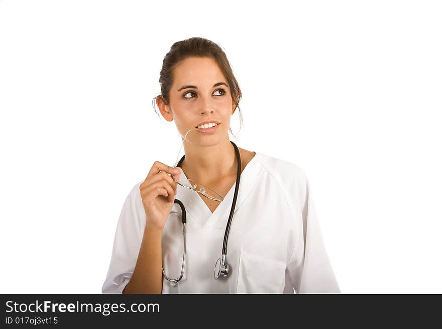 Young beautiful female nurse with stethoscope