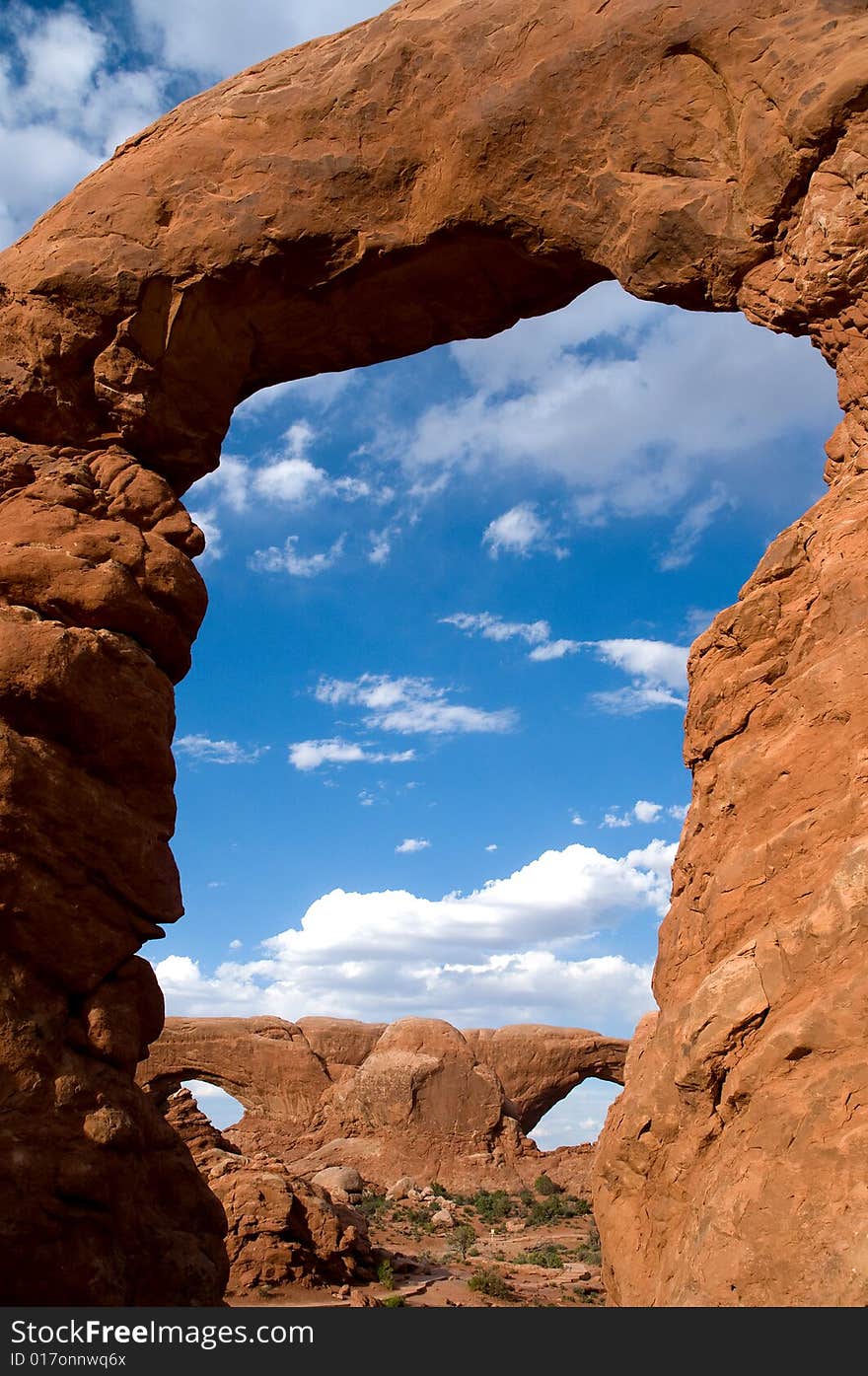 Rock arch on blue sky background in arches national park utah