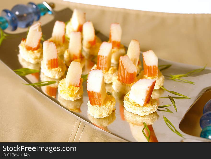 Appetizers made with crab meat imitation called surimi. Appetizers made with crab meat imitation called surimi