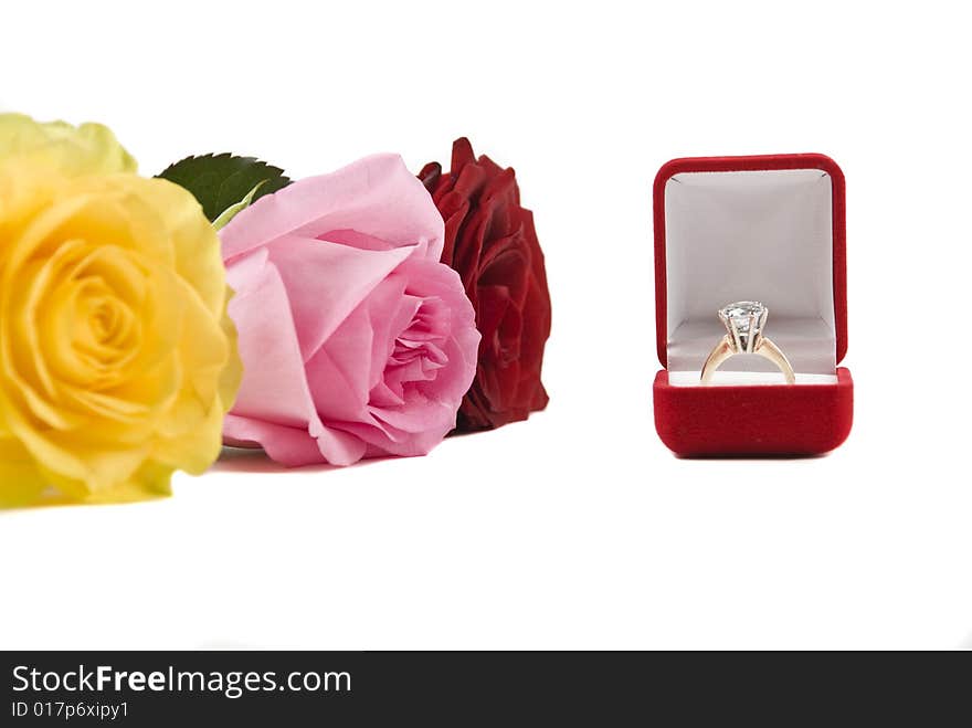 Ring in red jewel box and colors roses,check also Flowers. Ring in red jewel box and colors roses,check also Flowers