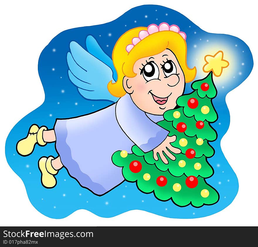 Angel holding Christmas tree - color illustration.