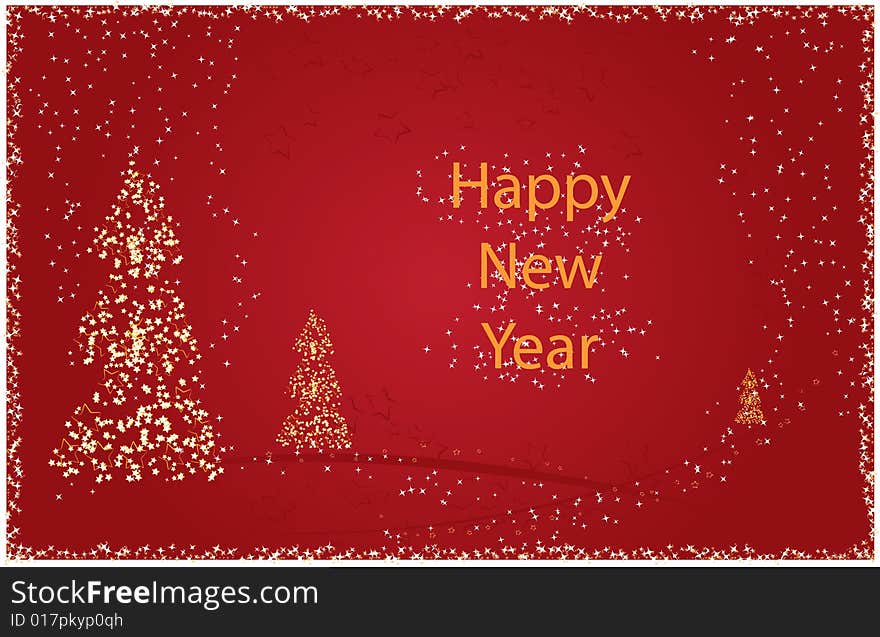 Happy New Year Card With Abstract Trees And Stars