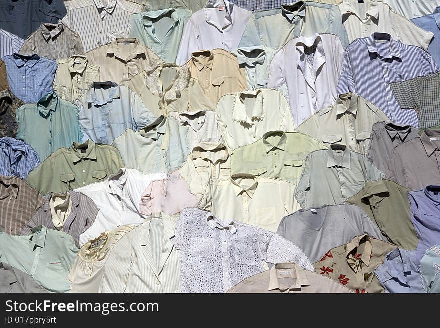 Amazing, colorful shirts patchwork display at the open air