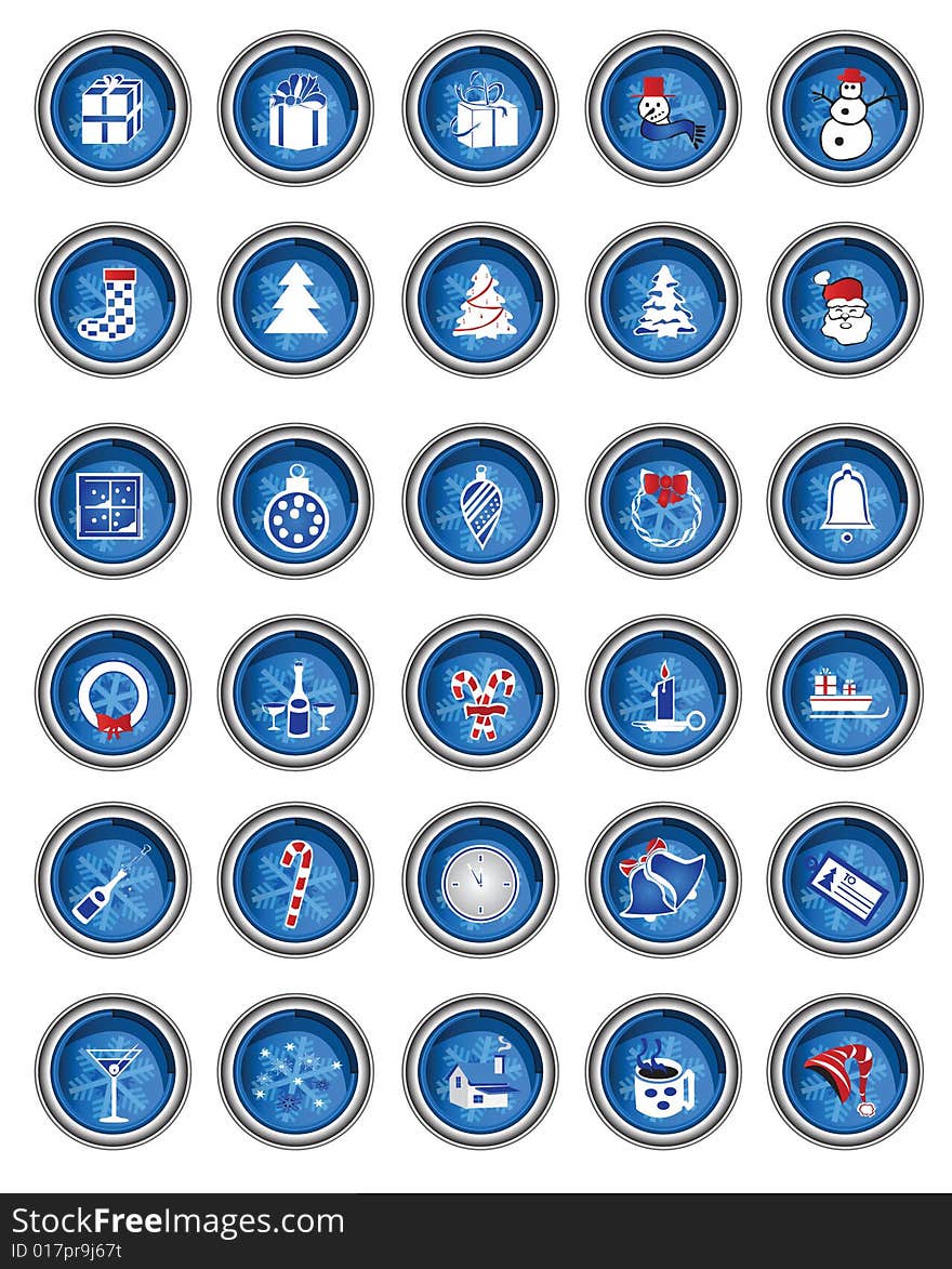 Vector illustration of 30 Christmas  icons in blue button. Vector illustration of 30 Christmas  icons in blue button