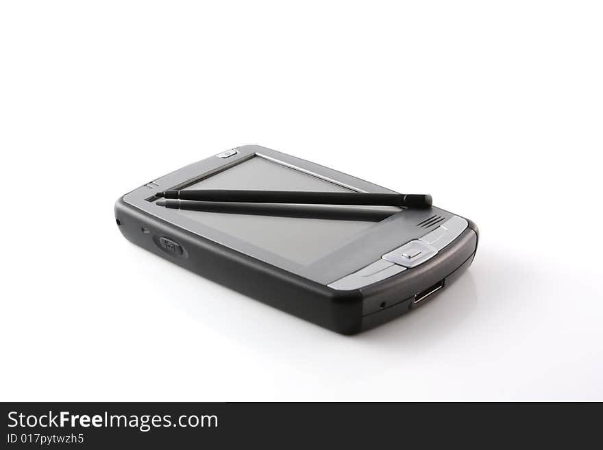 The pocket computer with a feather, isolated on a white background. The pocket computer with a feather, isolated on a white background