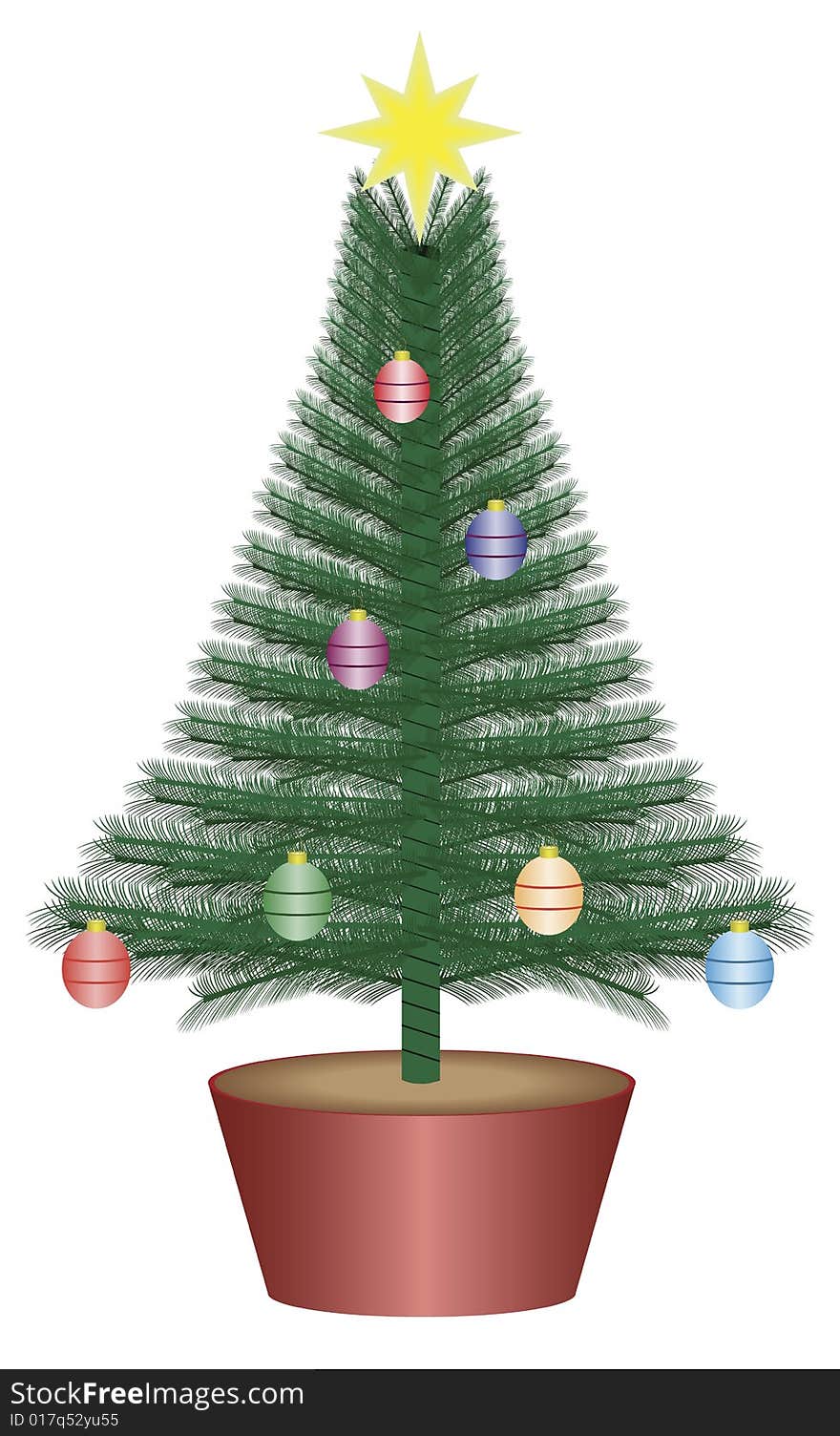 Vector illustration of a green christmas tree with various coloured globes and yellow star