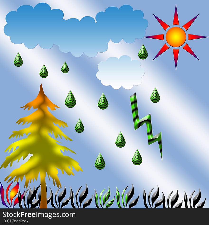 Nature illustration:rain,tree,sun,clouds,grass.