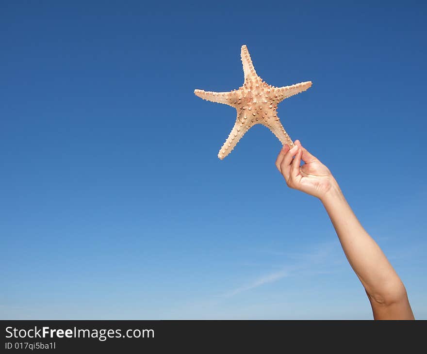 Starfish and my hand, and blue sky