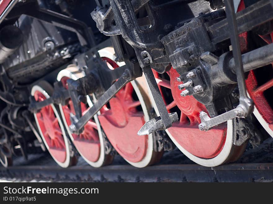 Red wheels of steam locomotive. Red wheels of steam locomotive