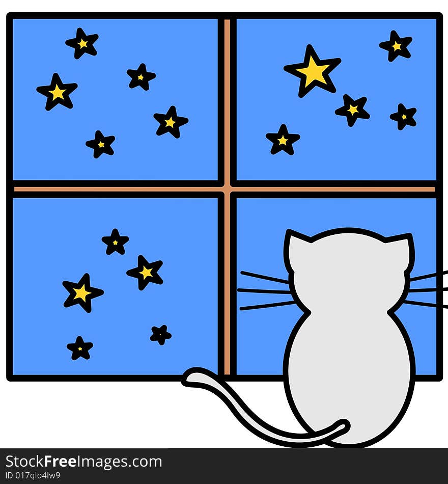 An illustration of a cat watching stars