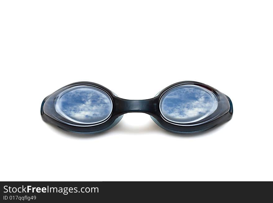 Black glasses for swim on white background reflected sky. Black glasses for swim on white background reflected sky