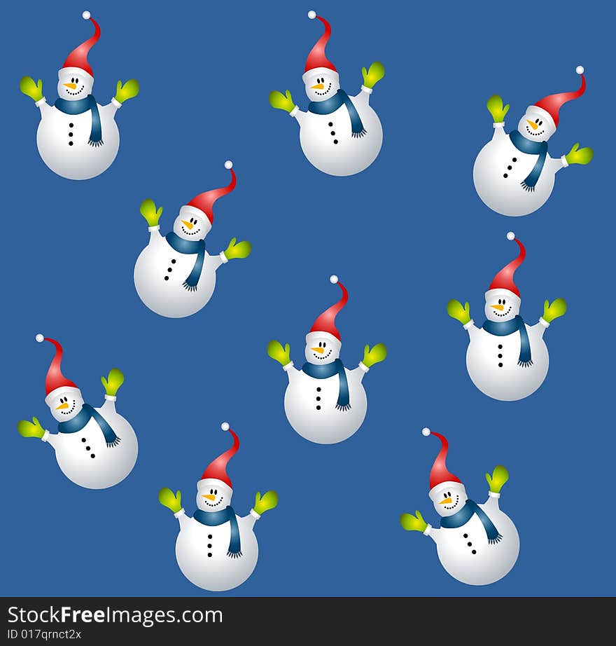 A tileable background featuring snowmen on blue background color. A tileable background featuring snowmen on blue background color