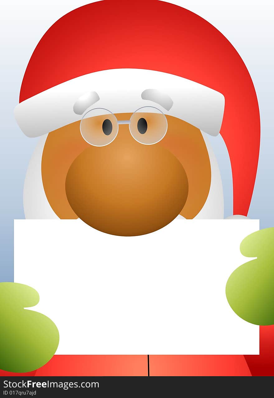 An illustration featuring a close up african american Santa Claus set against blue holding up a blank card. An illustration featuring a close up african american Santa Claus set against blue holding up a blank card