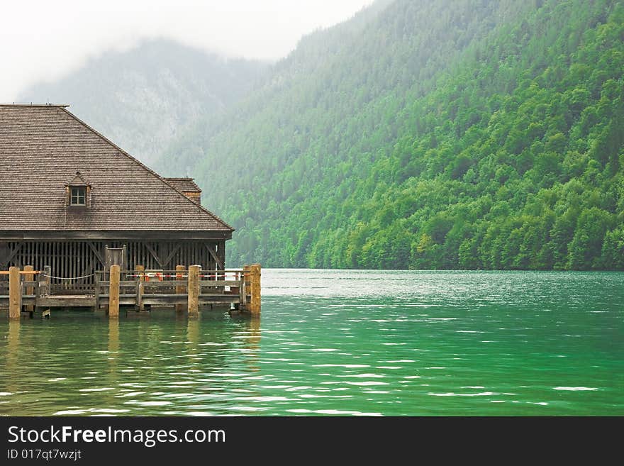 Jetty on the lake in a cloudy day