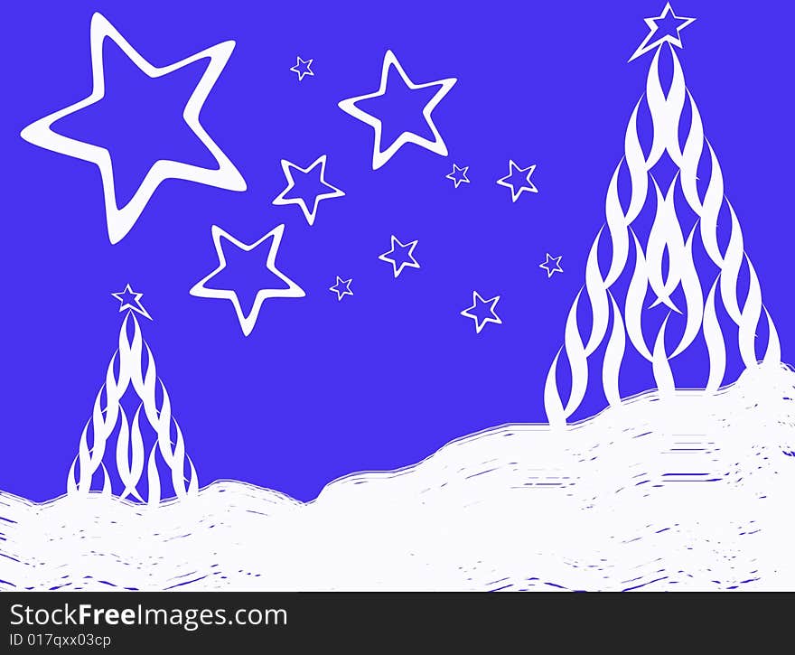 Winter picture, white trees and stars on blue