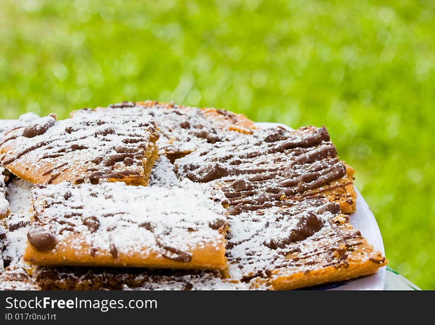 Gingerbread cake on green background