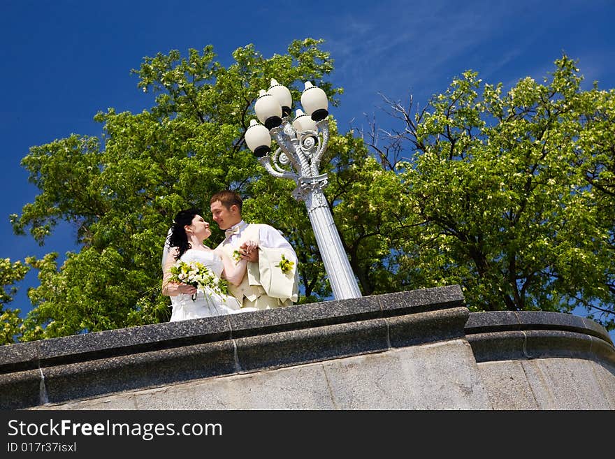 Bride and groom look one to another. Bride and groom look one to another