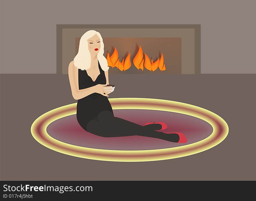 Blonde woman with a cup of tea in front of fireplace