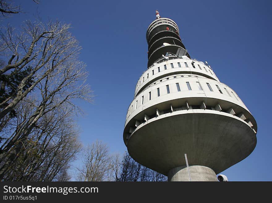 Tall transmitter tower on the mountain of Sljeme in Zagreb, Croatia