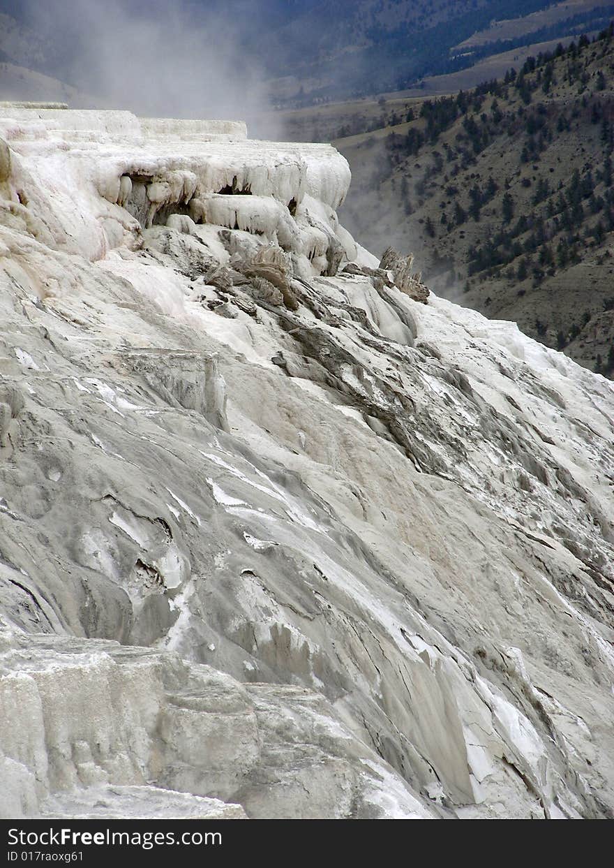 Sulfur cliffs and steam, Mammoth Hot Springs, Yellowstone, Wyoming. Sulfur cliffs and steam, Mammoth Hot Springs, Yellowstone, Wyoming.