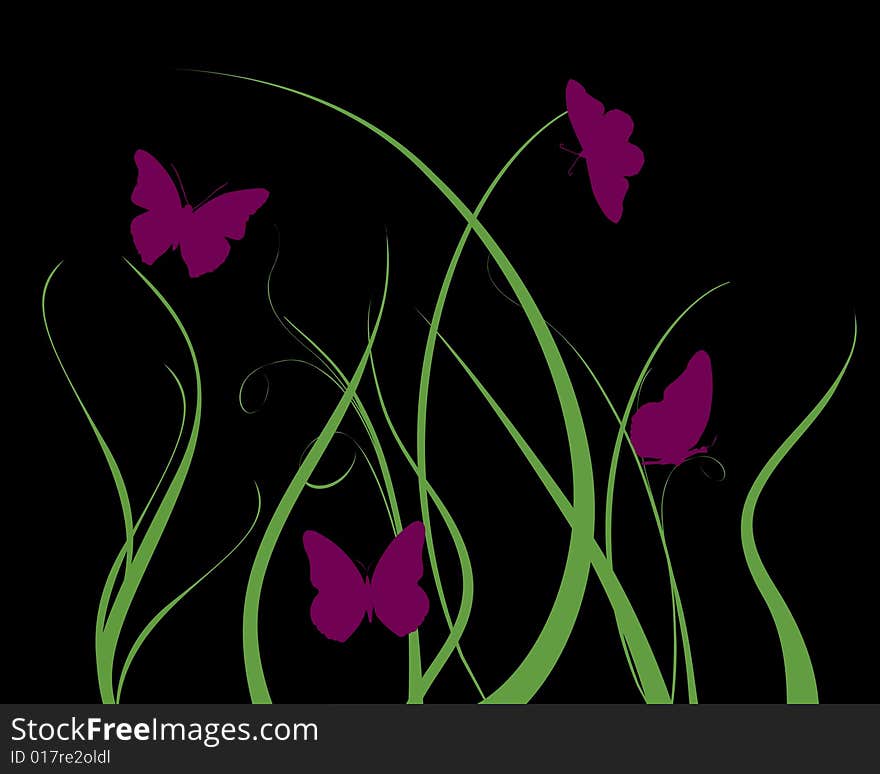 Purple butterflies in grass on a black background