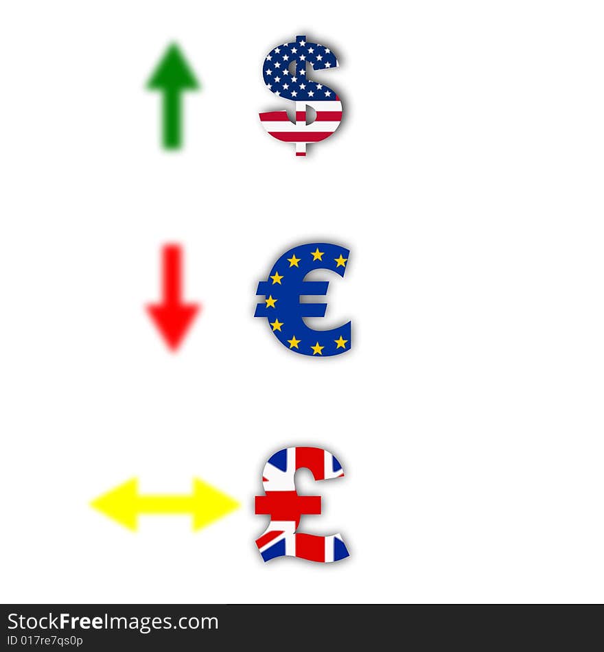 Moneys and flags in the global market of united states of america, great britain and europe