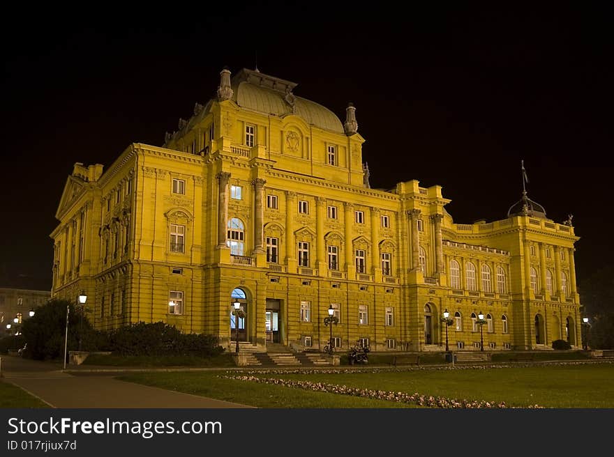 Croatian National Theatre in Zagreb by night. The building has been built in 1895 by famous Vienese architects Ferdinand Fellner and Hermann Helmer. They specialized in the design and construction of theatre buildings and participated in the construction of 48 theatres throughout Europe. Most of these theatres are still in use today. Croatian National Theatre in Zagreb by night. The building has been built in 1895 by famous Vienese architects Ferdinand Fellner and Hermann Helmer. They specialized in the design and construction of theatre buildings and participated in the construction of 48 theatres throughout Europe. Most of these theatres are still in use today.