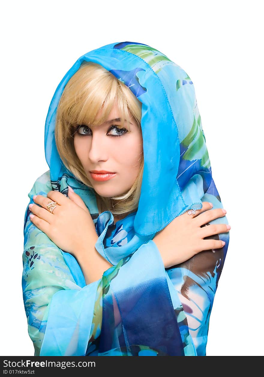 Blonde girl in blue fabric isolated on white