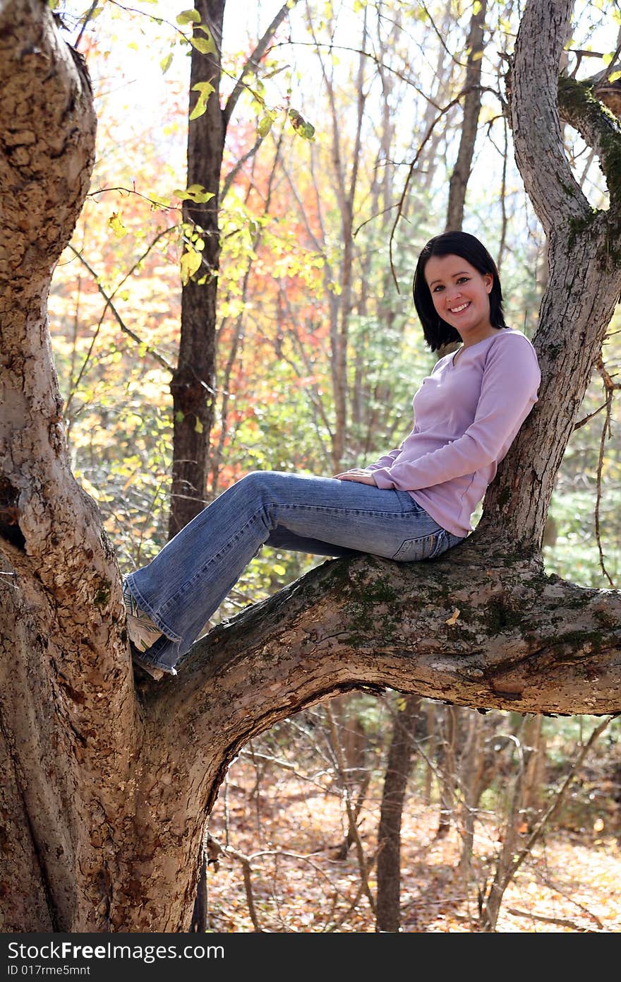 Pretty teen sitting high up in a tree branch in the fall