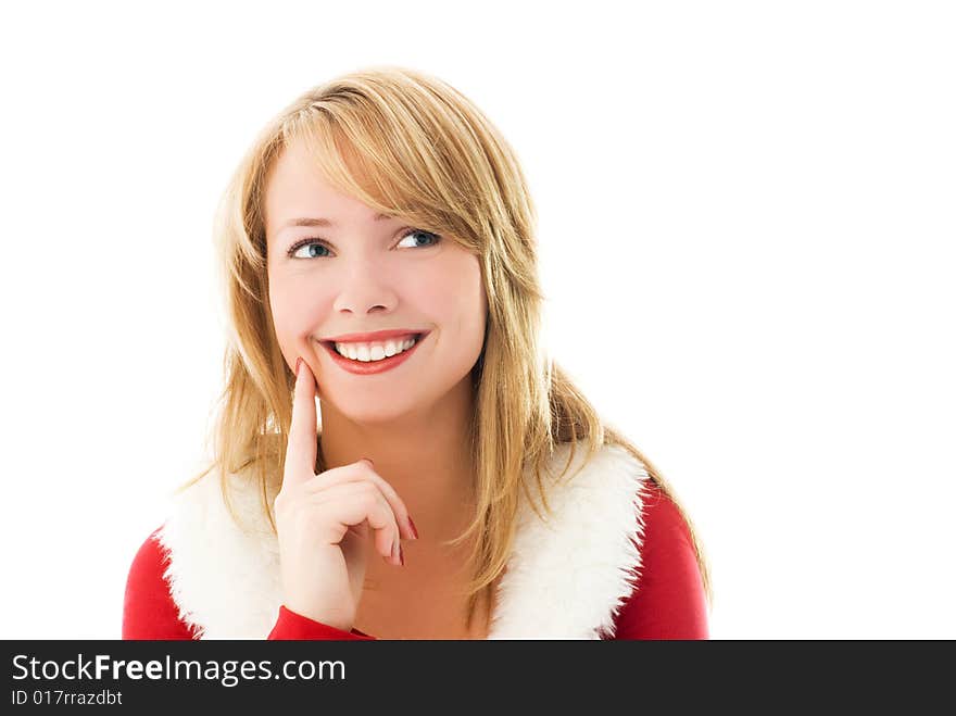 Beautiful thoughtful girl dressed as Santa