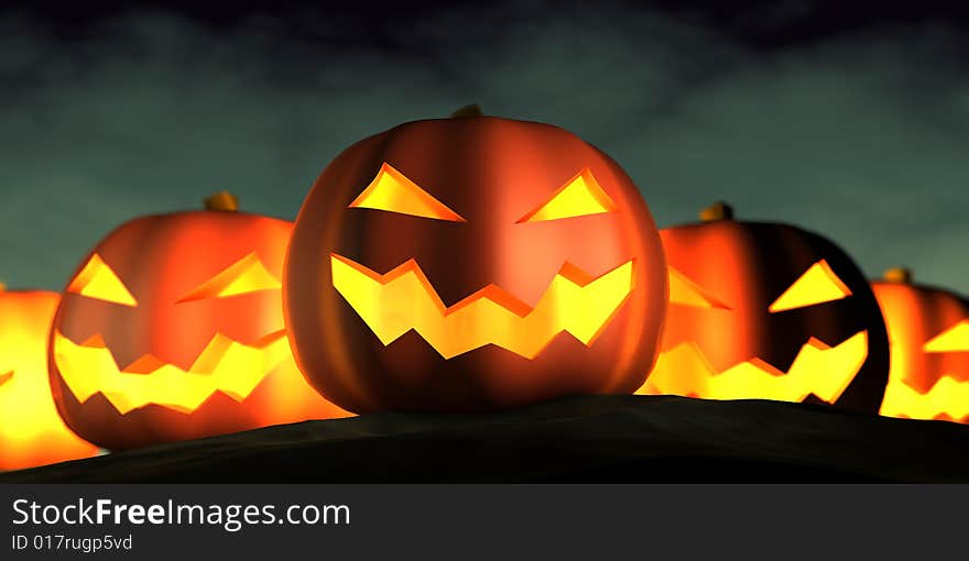 Five glowing Pumpkins. 3d rendering. Five glowing Pumpkins. 3d rendering.