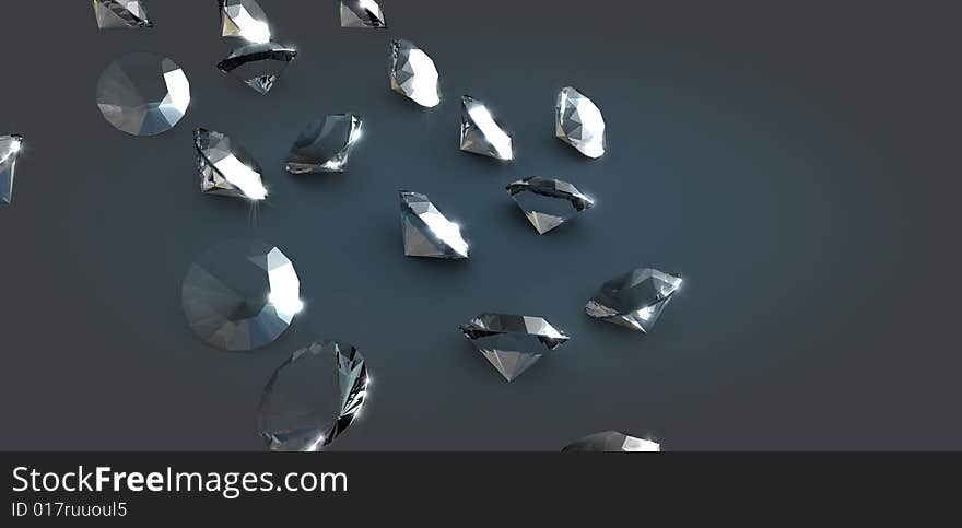 Assorted diamonds on a dark background. 3D render with HDRI lighting and raytraced textures.