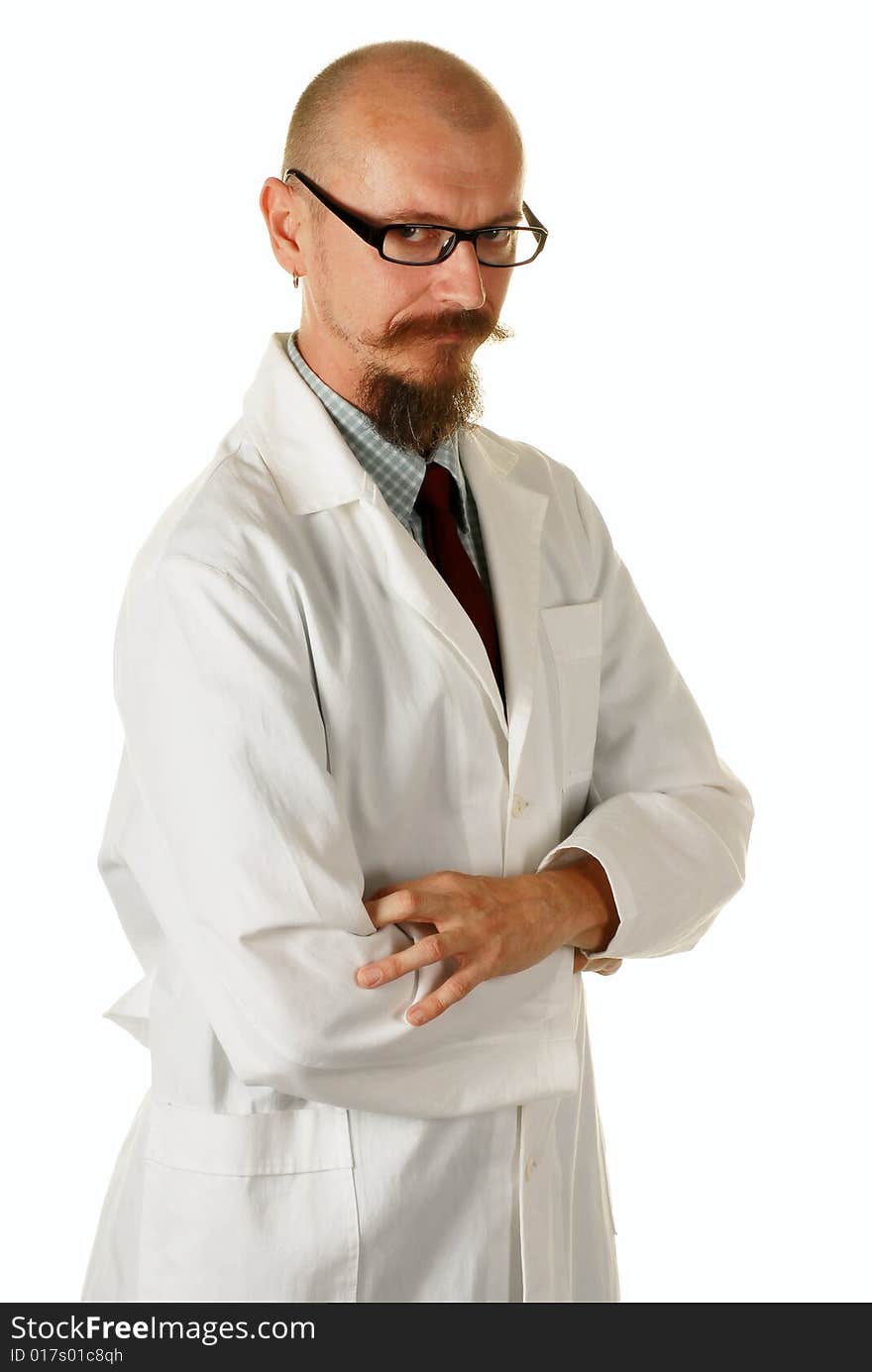 Portrait of an experienced male doctor, studio shot, isolated over white. Portrait of an experienced male doctor, studio shot, isolated over white