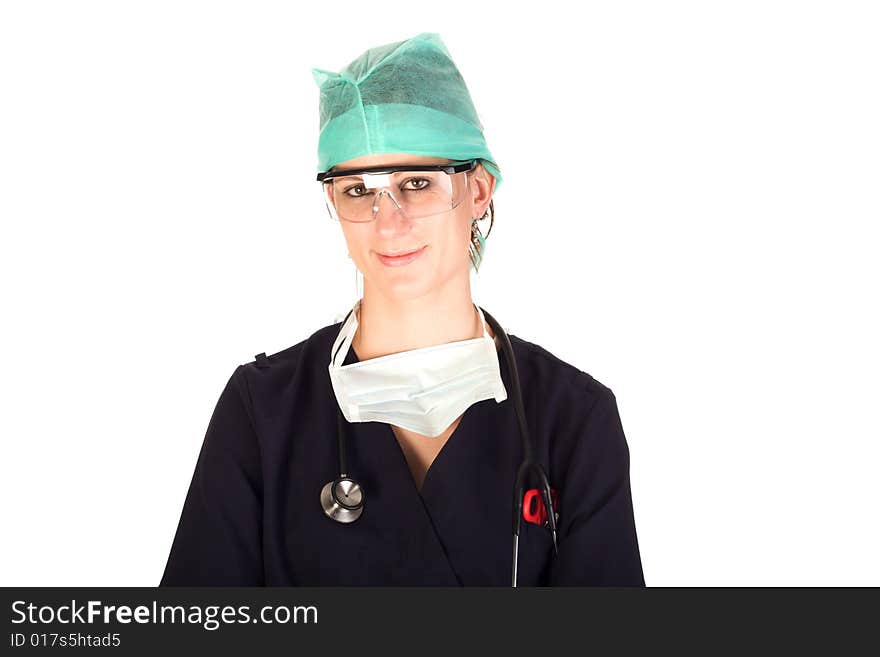 Young Caucasian female health care professional with protective clothing and a stethoscope. Young Caucasian female health care professional with protective clothing and a stethoscope