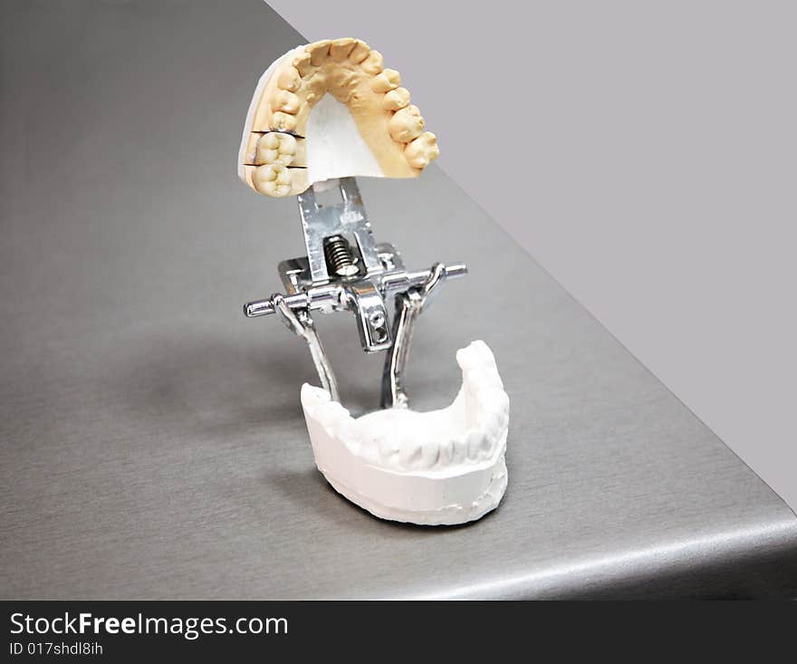 The model of tooth artificial limbs on the special tool costs on a table. The model of tooth artificial limbs on the special tool costs on a table