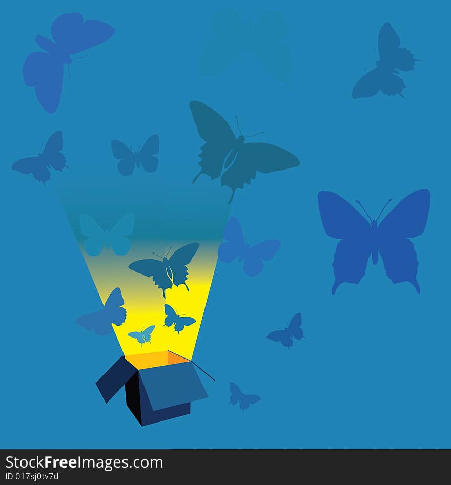 Blue illustration with open box and butterflies. Blue illustration with open box and butterflies