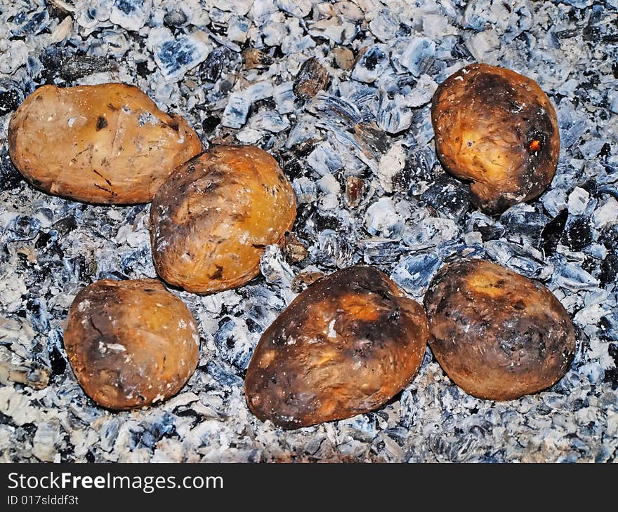 Potato, baked on coals, wonderful meal. Potato, baked on coals, wonderful meal.