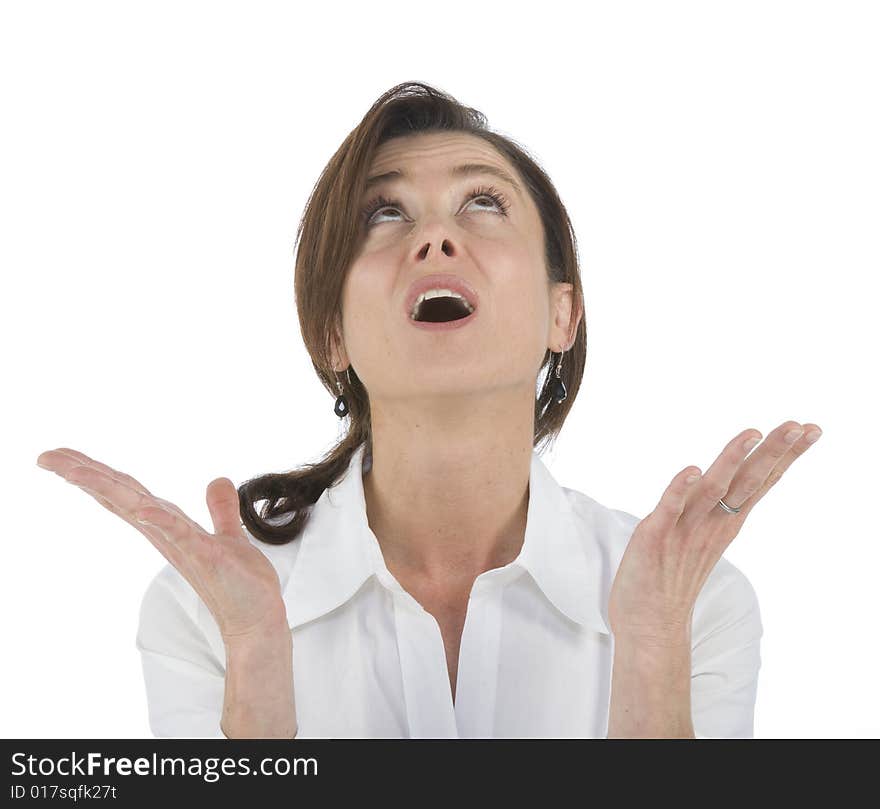 Portrait on white background of a forty years old woman in studio watching upside. Portrait on white background of a forty years old woman in studio watching upside