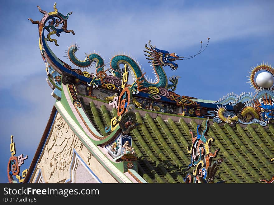 A detail image of a Chinese-Buddhist Temple roof in Penang Malaysia