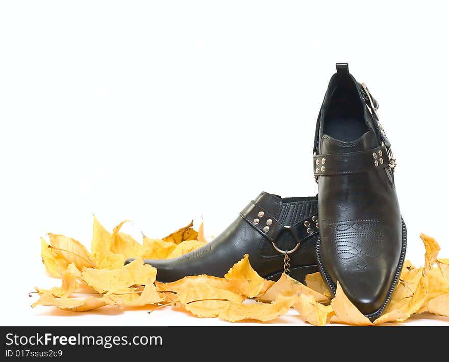 Mens shoes and fall leafs isolated on white