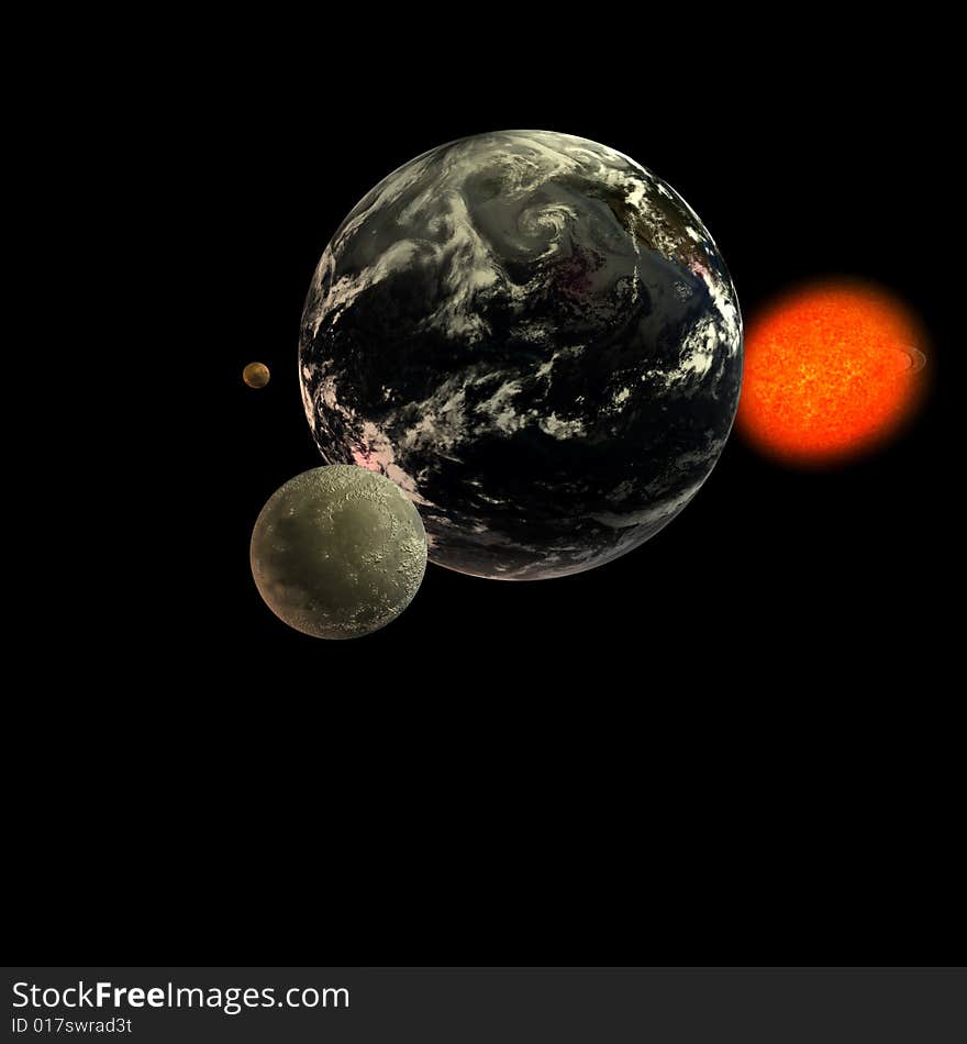 Solar system. focus on: Moon Earth Sun With Clipping Path. Solar system. focus on: Moon Earth Sun With Clipping Path